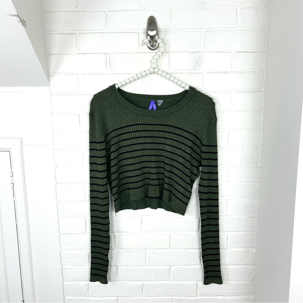 Seraphine Maternity Green Ribbed Knit Striped Cropped Sweater Size US 6